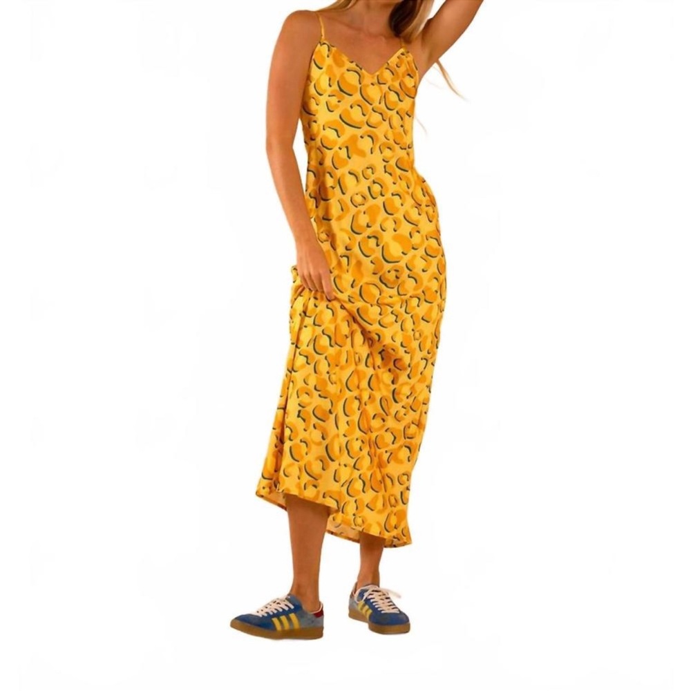 CARE TUCKER Lenny Zip Slip Dress In Yellow and Gold Animal Print